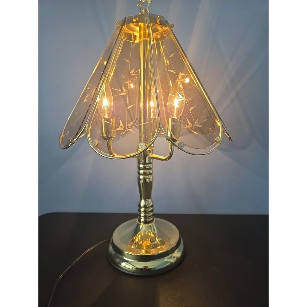 Vtg 8 Panel Touch Lamp Light Flowers Etched Smoked Glass Gold Tone Working 22